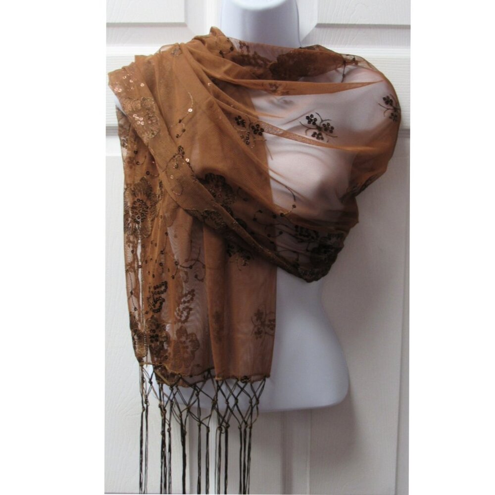 Brown Sequin Shawl Wrap Sparkle Fringe Scarf Wedding Bridal Dressy Formal